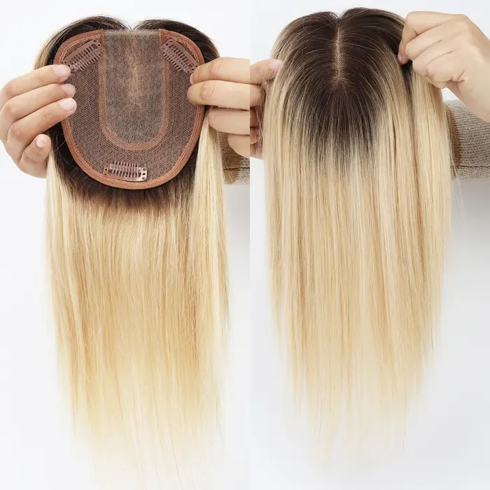 Topper de Base en soie blonde ombrée avec clips en Extensions de cheveux humains européens bicolores de 14 pouces pour