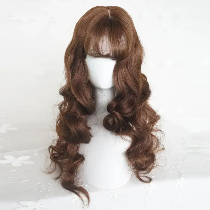 Perruque synthétique longue ondulée marron avec frange pour femmes