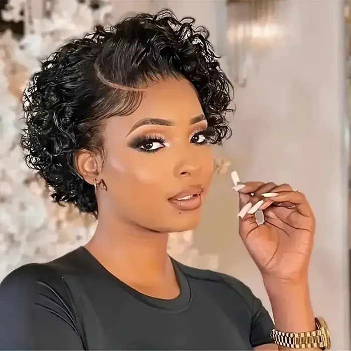 Cheveux brésiliens partie latérale coupe lutin eau perruque bouclée courte pouces