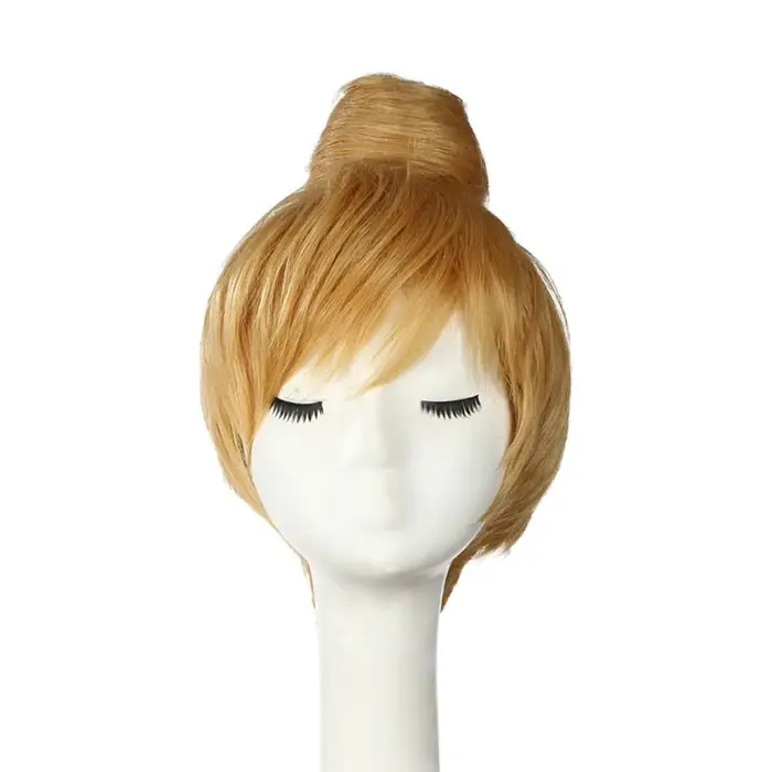 Perruques de Cosplay princesse fée clochette pour filles, cheveux courts blonds avec chignon, perruque synthétique résistante à la chaleur