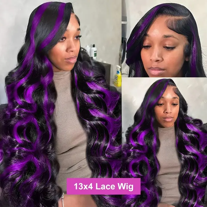 Perruque Dialola 13x6 13x4 HD Transparente en Dentelle Frontale, Cheveux Humains, Violet Foncé avec 