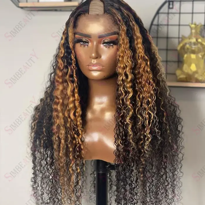 Perruques V-Part Blond Miel Mèches Dorées Cheveux Humains 100% Non Traités Bouclés Crépus Ombré Brun