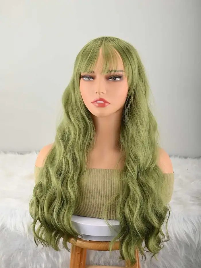Perruque longue verte avec frange, perruque de cosplay synthétique en fibres capillaires naturelles