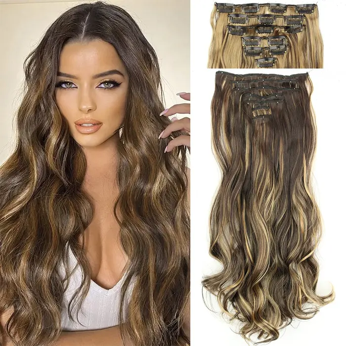 16 Clips 7 pièces/ensemble Extensions de cheveux longue ondulée coiffure naturel synthétique noir bl