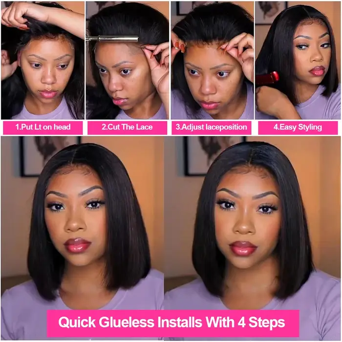 Perruque Bob Lace Front sans colle, cheveux humains brésiliens Remy, texture Kinky Straight, couleur