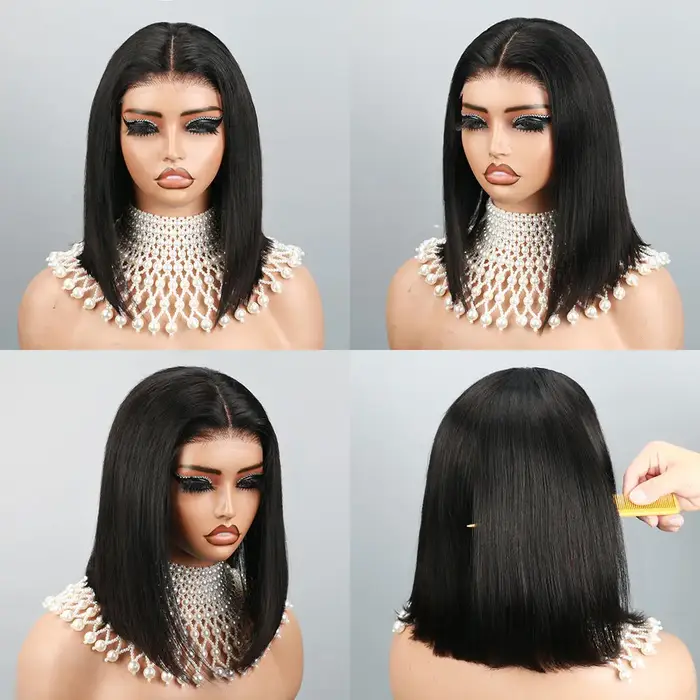Perruques Bob Droit Sans Colle Cheveux Humains Densité 180% Fermeture en Dentelle HD 4x6 Perruques C