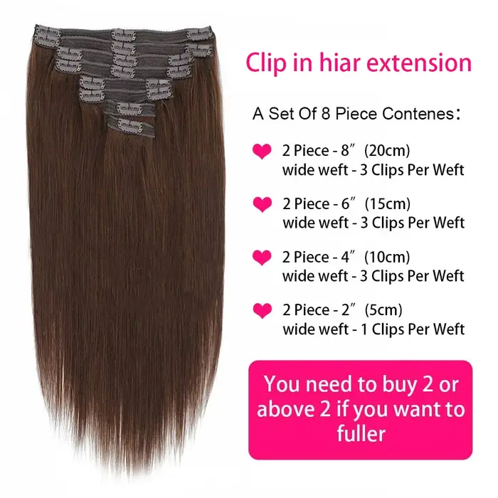 Extensions de cheveux à clipser, cheveux humains véritables, lisses, 100% cheveux humains brésiliens Remy, couleur brun chocolat, 16-26 pouces, pour femmes