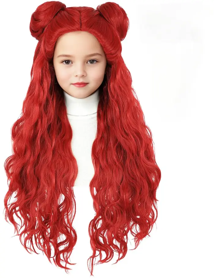 Perruque de Costume rouge longue perruque de cheveux synthétiques ondulés rouge pour filles perruque