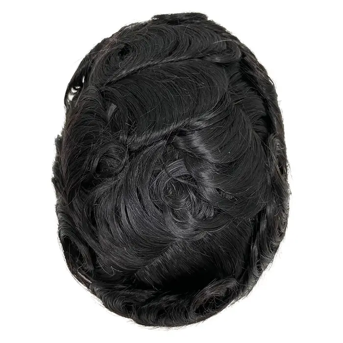 Hommes toupet avec noeuds peau mince prothèse capillaire pleine PU 0.08-0.1 cm indien perruques de cheveux humains