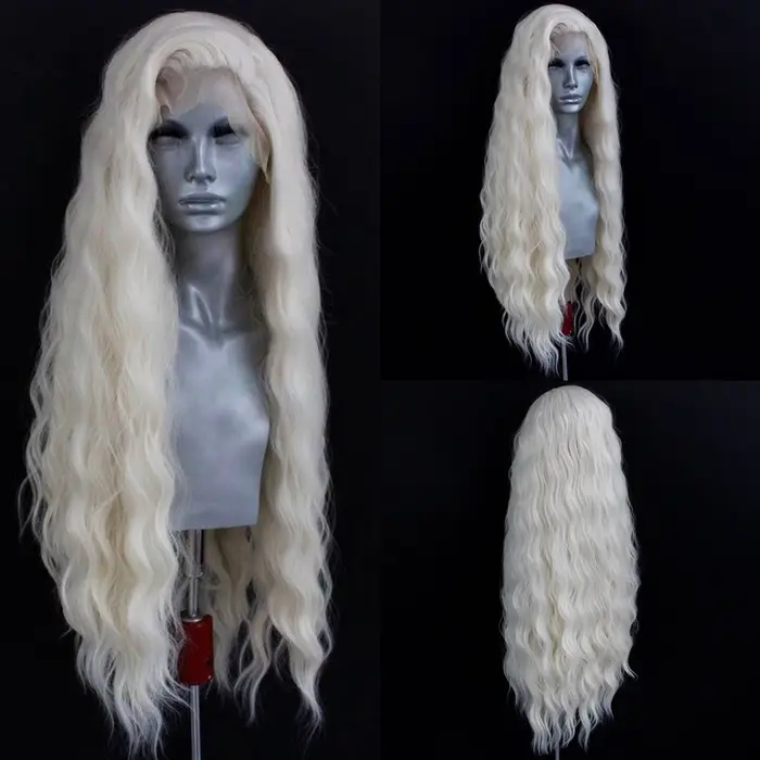 Perruque Lace Front Wig synthétique ondulée Blonde platine