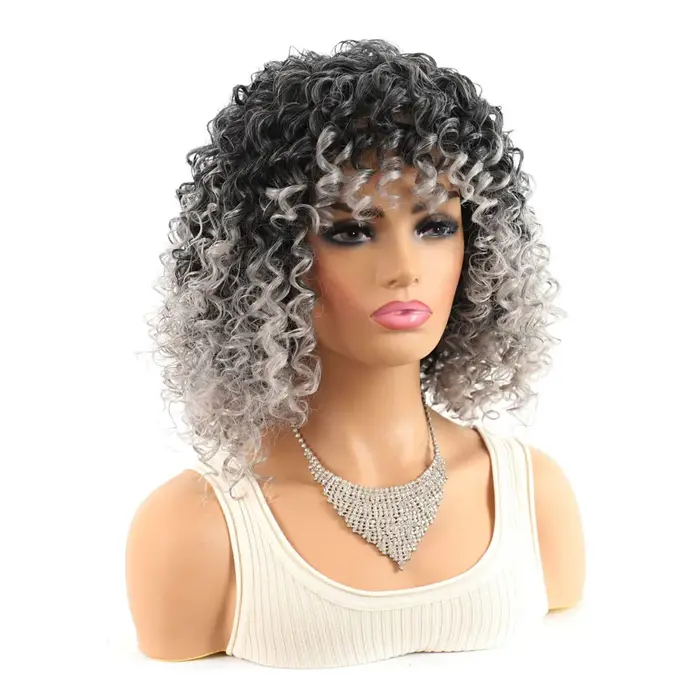 Jeedou perruque de cheveux courts bouclés avec frange perruques pour femmes noir gris mélange couleur coiffure moelleuse