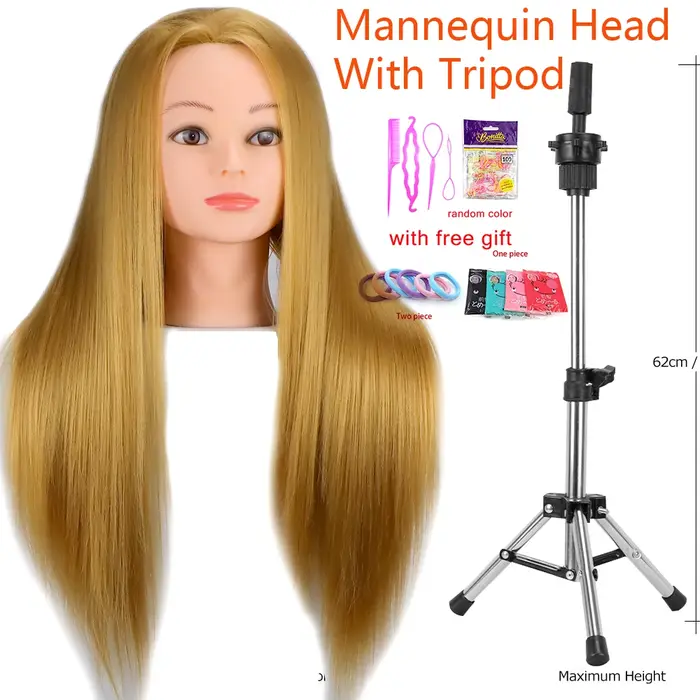 Tête de Mannequin 100% cheveux synthétiques, tête de formation pour coiffeur avec trépied, tête de p