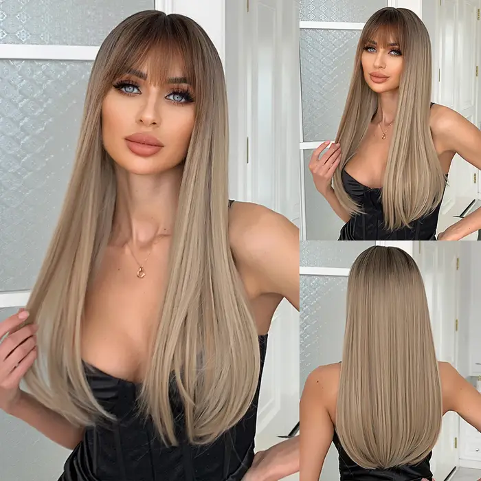 Perruque longue blonde et brune ombrée avec frange