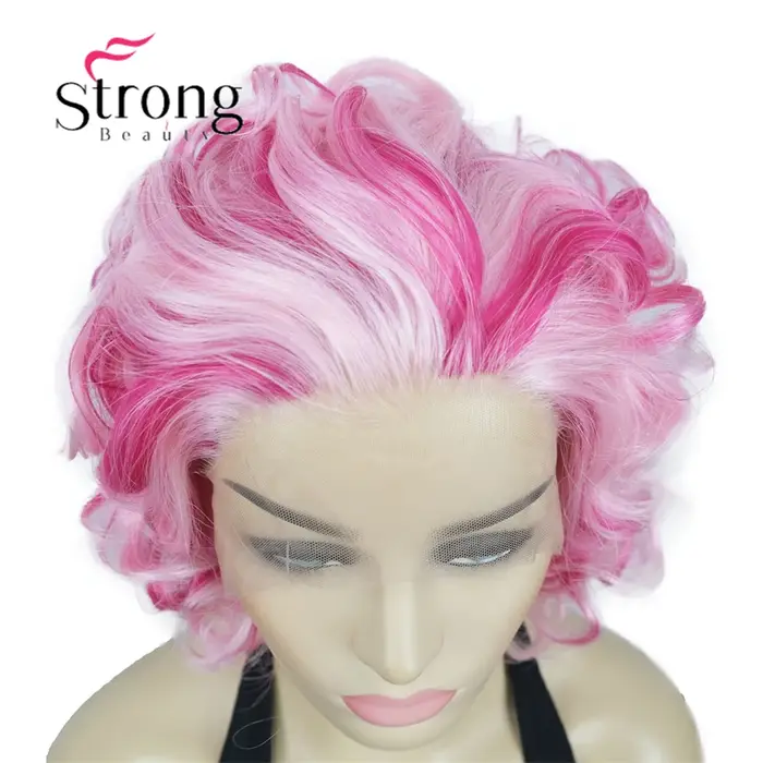 Perruque Lace Front Wig synthétique courte bouclée rose pour femme