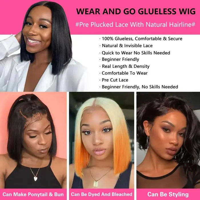 Wear And Go perruques sans colle cheveux humains Bob droite pré-coupée dentelle avant