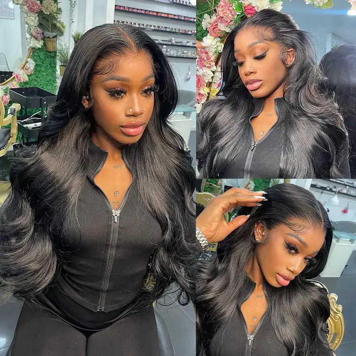 Perruque de cheveux humains Body Wave densité 200, Lace Front HD transparente 13x4, noire, avec Lace