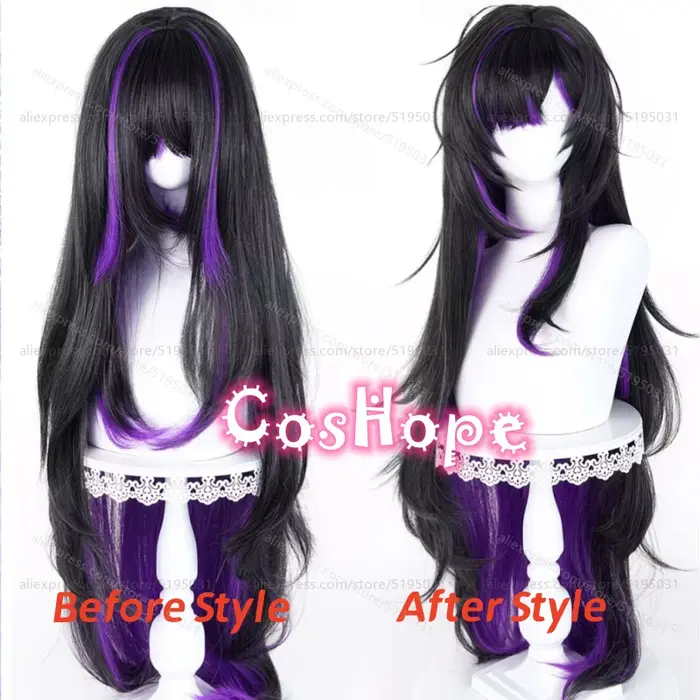 Perruque de cosplay Nikke Label, 100 cm de long, noire et violette mélangée, perruque synthétique résistante à la chaleur pour Halloween, carnaval, fête