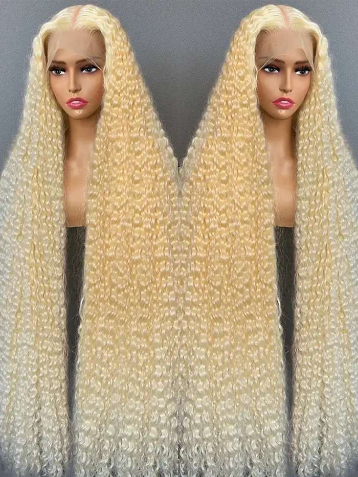 Perruque Cheveux Humains Blondes 613 Jerry Curly 46 Pouces, Ondulées Colorées, Perruque Lace HD 13x6