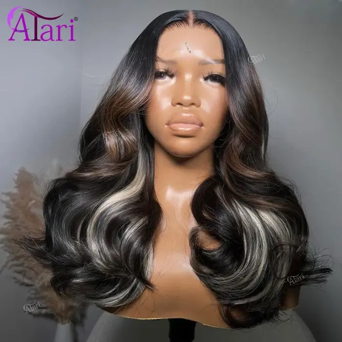 Perruque Lace Frontal Wig Body Wave brésilienne naturelle, cheveux humains, à reflets bruns et blond