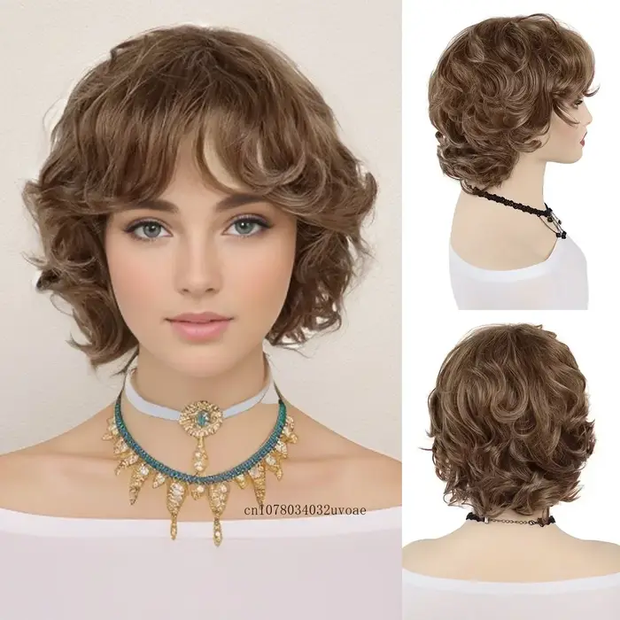 Perruque Synthétique Courte Bouclée et Brune avec Frange, Coiffure Coréenne, Mignonne et Crépue, pou