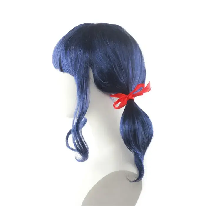 Perruque synthétique bleu marine bouclée à double queue de cheval avec nœuds rouges