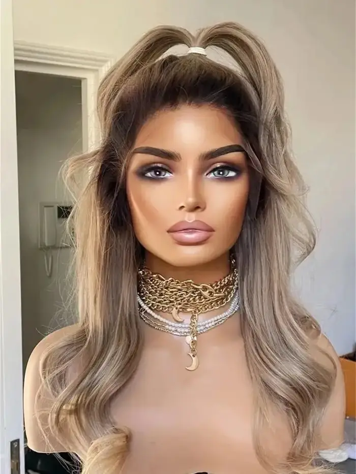 Perruque Lace Front Wig synthétique de haute qualité, perruque ombrée marron chaud blond pour femmes