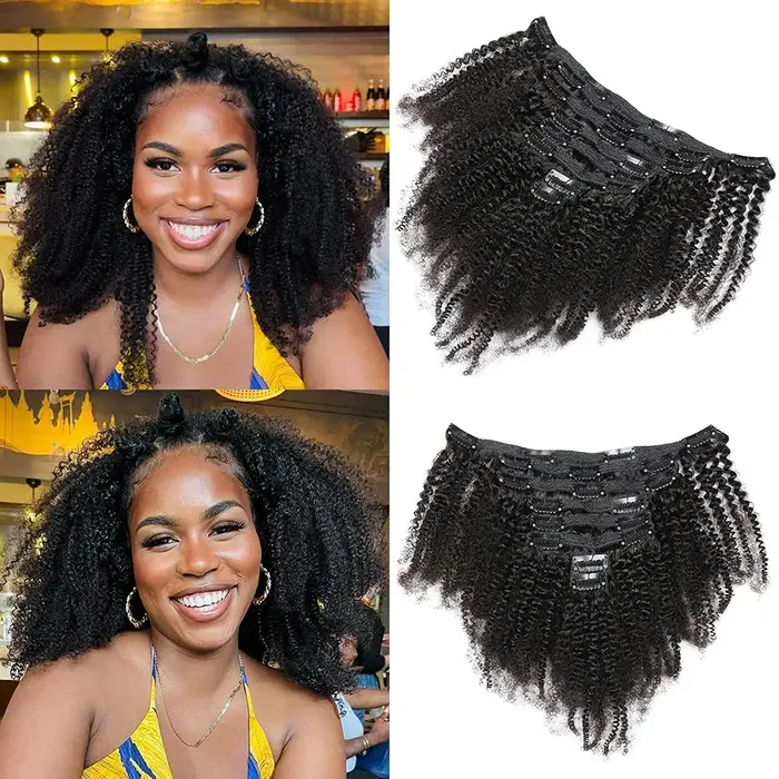 Afro crépus bouclés pince dans l'extension de cheveux cheveux vierges brésiliens 4B 4C Afro crépus bouclés vrais cheveux humains Double trame pour les femmes noires