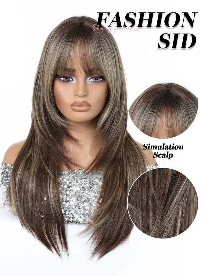 Perruque longue et droite ombrée blond-brun pour femmes avec frange douce