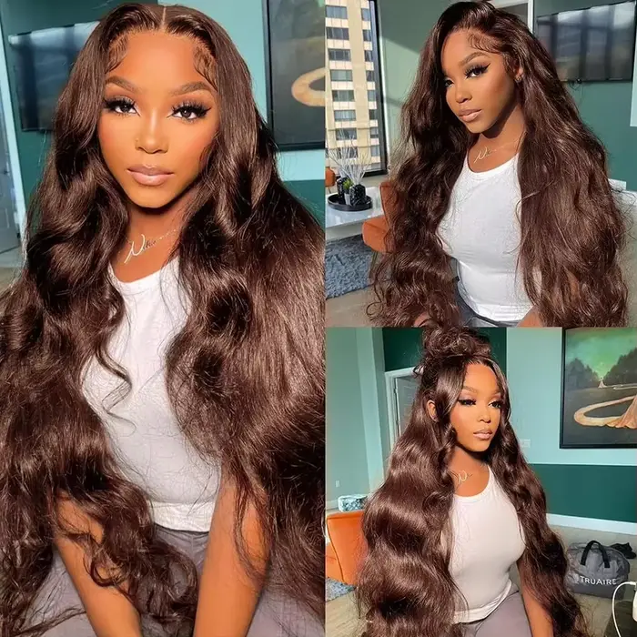 # 4 perruque de cheveux humains vague de corps brun chocolat 13x6 HD dentelle frontale perruques de 