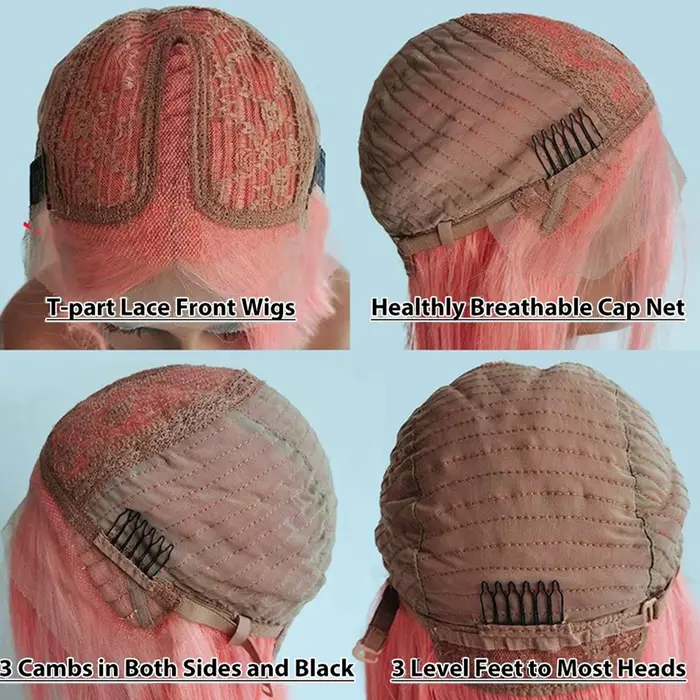 Perruque Bob Lace Front Wig naturelle lisse rose ombré, cheveux courts, Transparent, nœuds décolorés