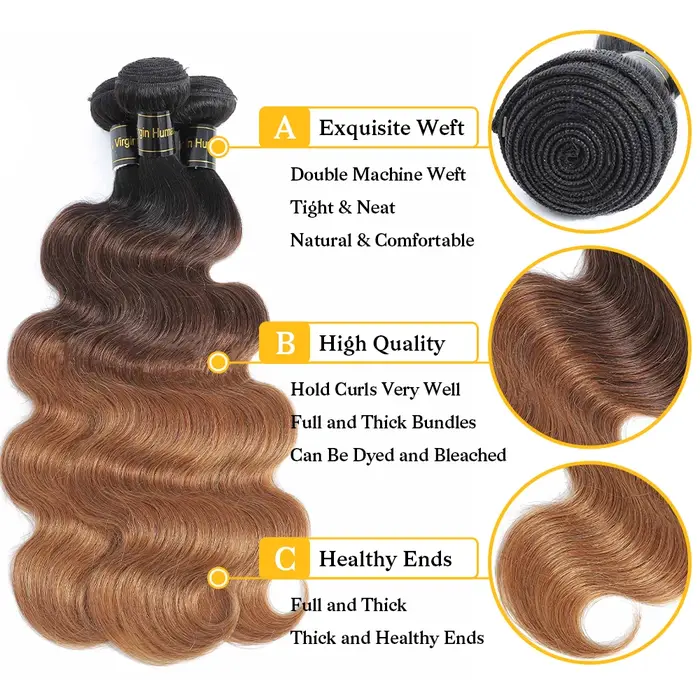Tissage en lot brésilien naturel Body Wave avec closure, mèches de cheveux vierges 1b/4/27 1b/4/30, 
