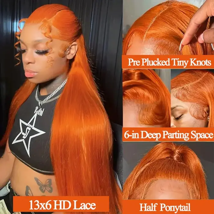 30 40 pouces Orange gingembre 13x6 HD dentelle frontale perruque cheveux humains os droit 13x4 Trans