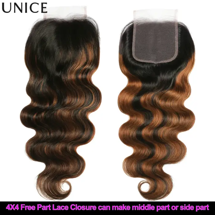 UNice Ombre Brown Highlights Body Wave 4x4 Lace Closure 1PC 100% Cheveux Humains Closure Free Part