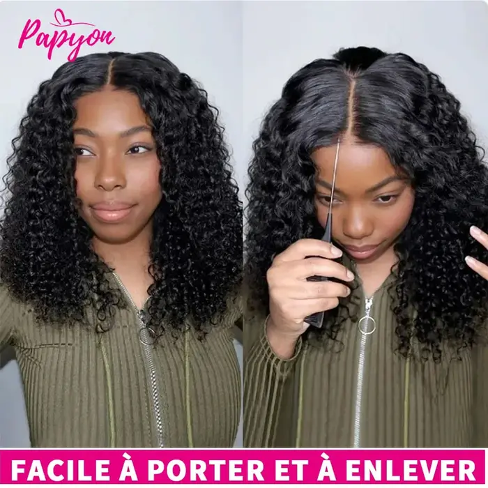 200% Density Perruque Bob Bouclé Water Wave Sans Colle Pour Femme de Fermeture en  Bouclée Dentelle 