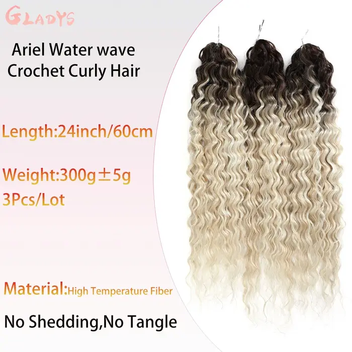 Extensions de cheveux synthétiques Ariel Ombre Blonde Deep Wave Braids, 300g/3 pièces, 24 pouces (60cm), Ombre Brown, cheveux bouclés torsadés au crochet