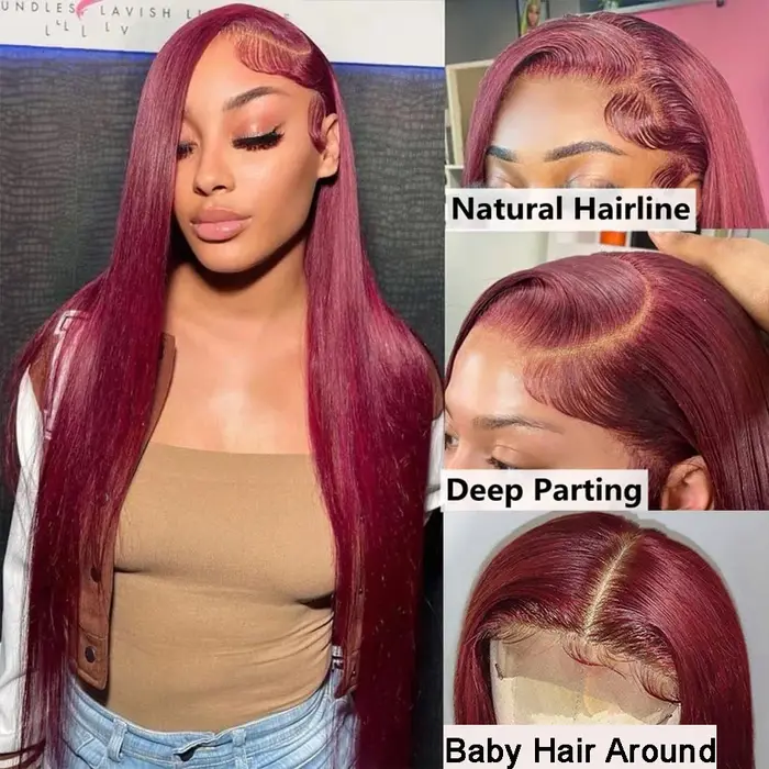 Perruque Lace Front Wig naturelle brésilienne, cheveux lisses, rouge bordeaux 99J, 13x6, 30 40 pouces, densité 250