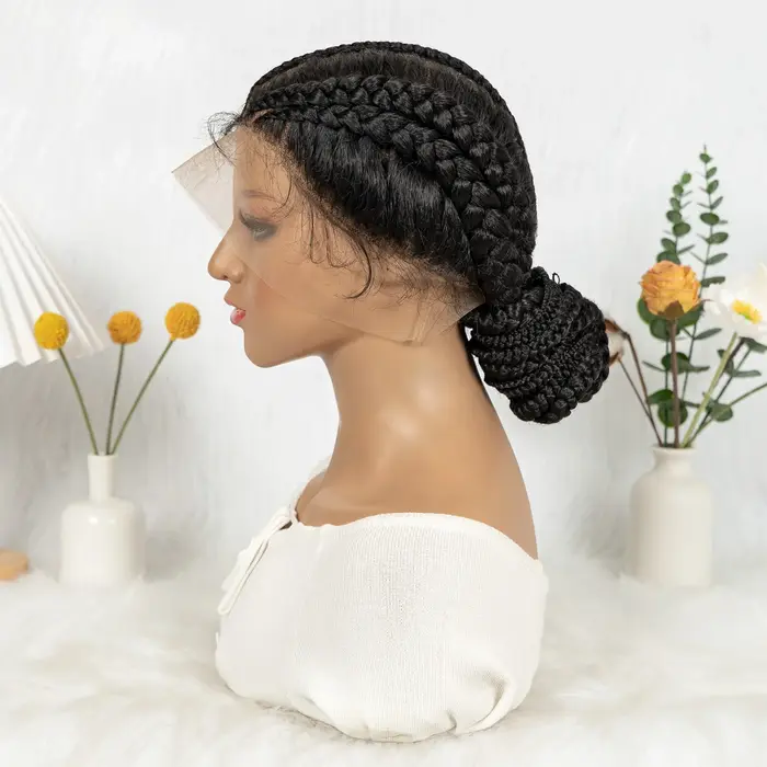 Perruque tressée Lace Front Cornrow, tresses synthétiques Box Braids, perruque chignon haut avec bab