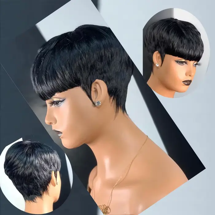Perruques de cheveux courts, perruques coupe lutin, perruques courtes droites noires pour dames perr