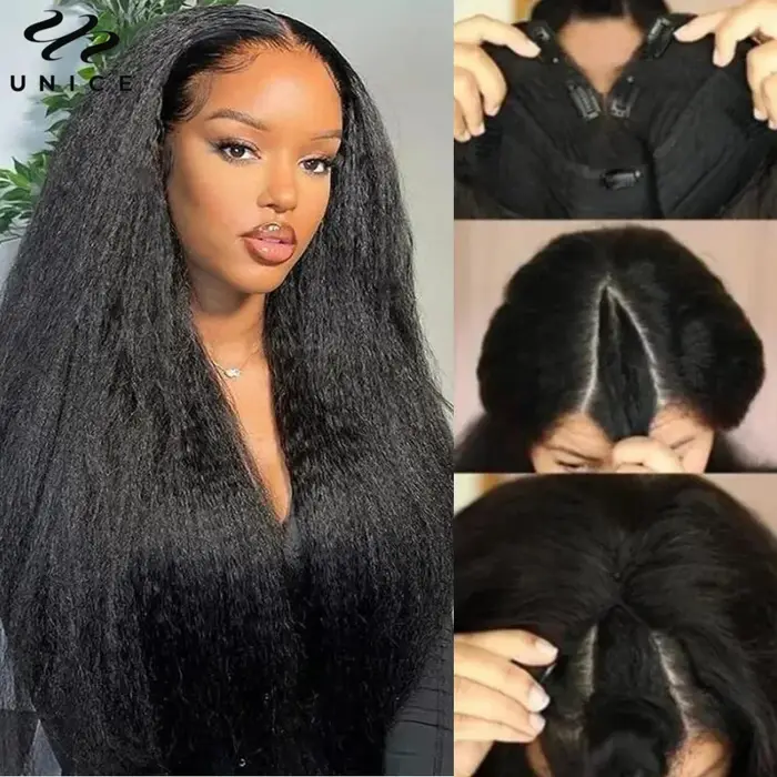 UNice InvisiBlend ™ Perruque Kinky Straight V Part avec cordon de serrage, noir naturel, 100% chev