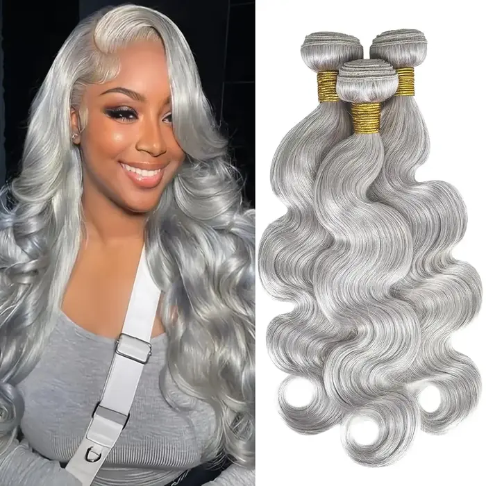 Tissage en lot 100% naturel Body Wave gris argenté, Extensions de cheveux humains vierges, Double tr