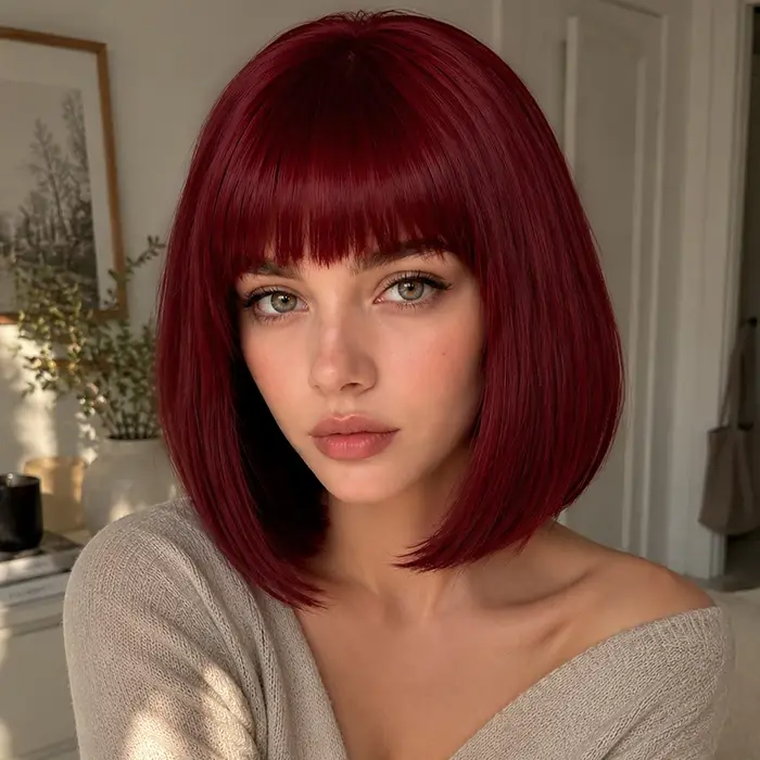 Perruque bob bordeaux, 12 pouces, franges soignées, extrémités lisses et droites, perruque synthétique courte pour femmes, pour un style quotidien.