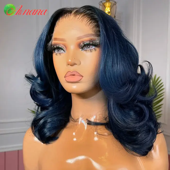 Bleu avec racine couleur courte Bob perruque 13x4 dentelle frontale perruques 200% densité ondulée cheveux humains perruques pour les femmes vague de corps coiffure