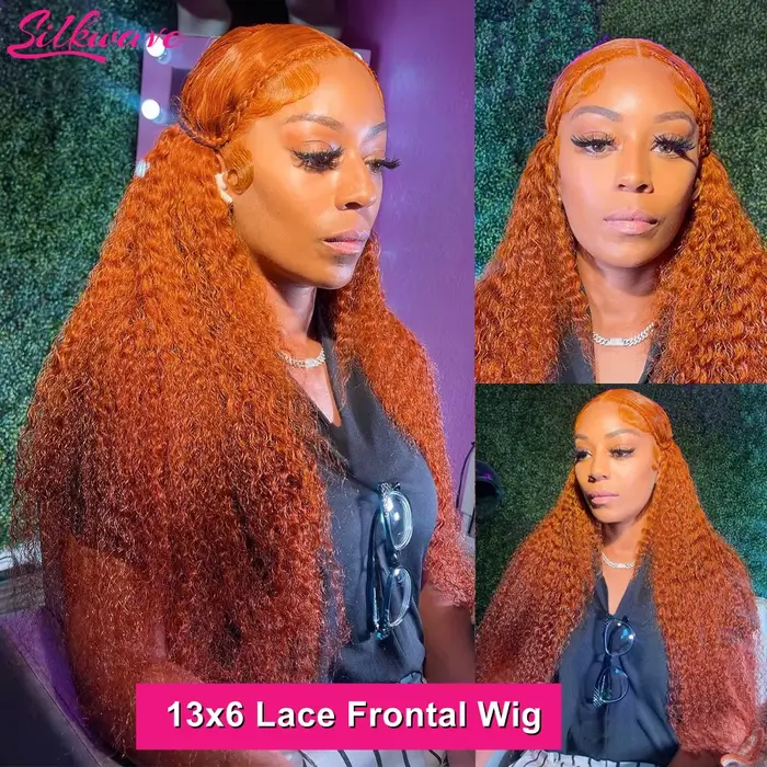 Silkwave vague d'eau 13x4 Orange gingembre dentelle avant perruque bouclés cheveux humains perruques