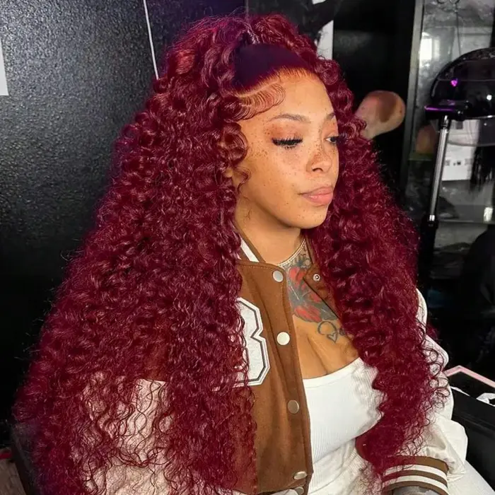Perruques Deep Wave 99J Bourgogne, Perruque Frontale HD Lace 13x6, Perruques Frontales HD Transparen