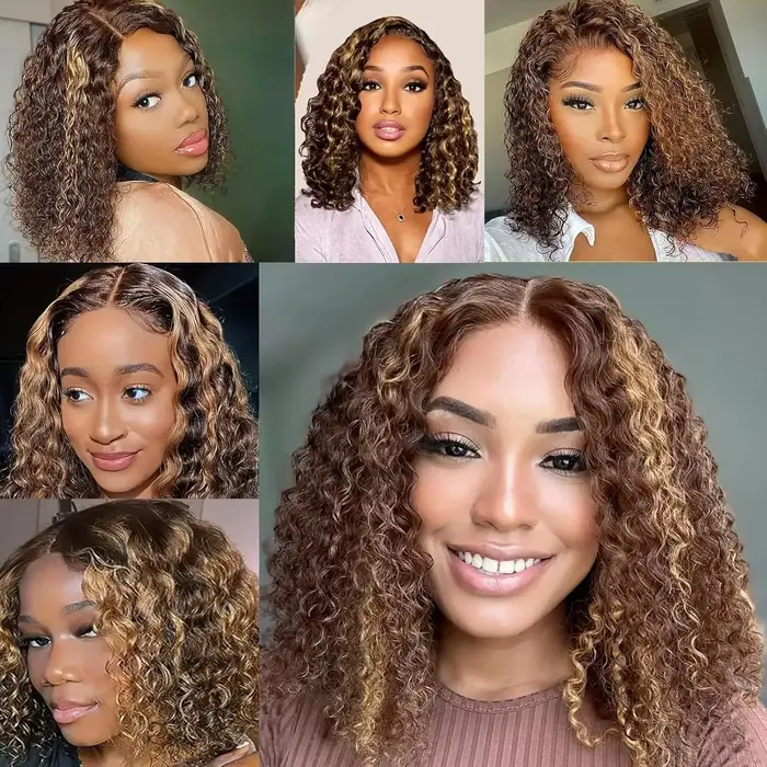 4/27 mettre en évidence la couleur bouclés Bob perruque cheveux humains vague profonde 200% densité