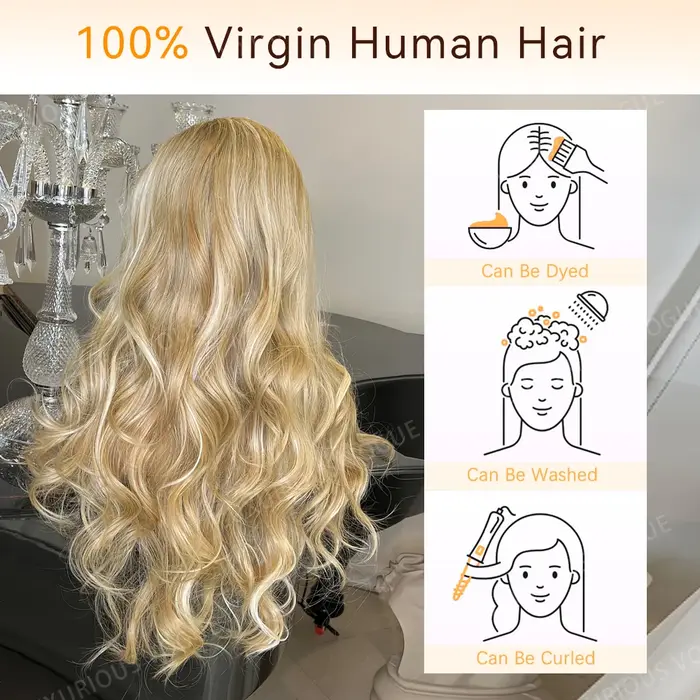 LUX VOGUE Misty Moon doré 100% perruque de cheveux humains blond cendré vagues plage flexibilité de séparation ligne