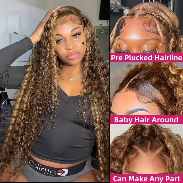 Perruques bouclées Highlight, Perruque Lace Front HD 13x6 en cheveux naturels, Perruques Lace Fronta