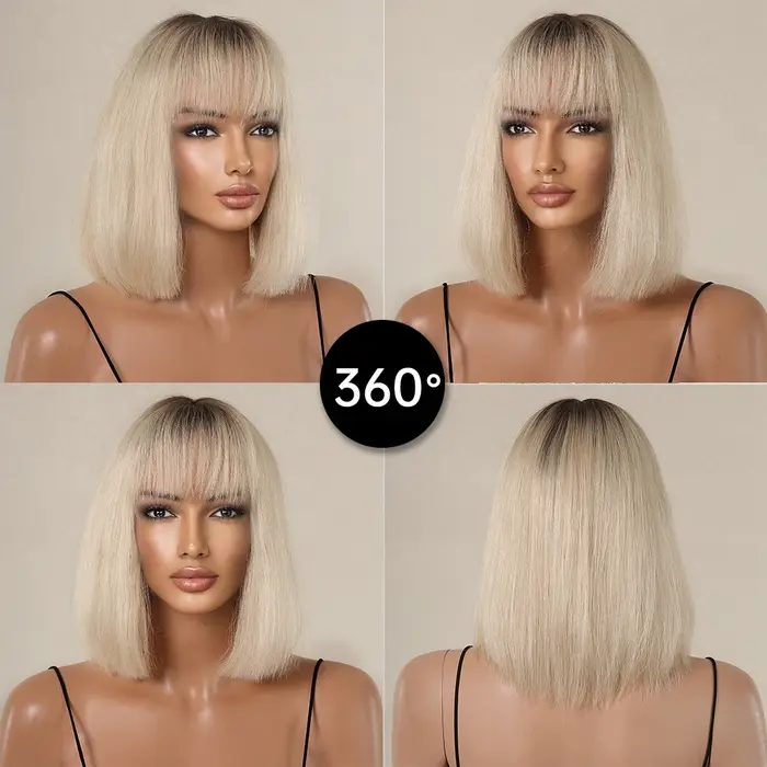 Bob Platinum Blonde Remy Human Hairs for Black Women, Natural Straight Short Wigs with Bangs, Heat D