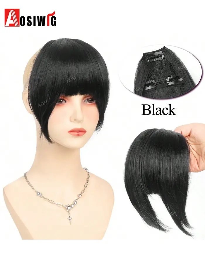 Extensions de cheveux synthétiques Yaki lisses avec frange épaisse pour femmes, brun clair, noir, à
