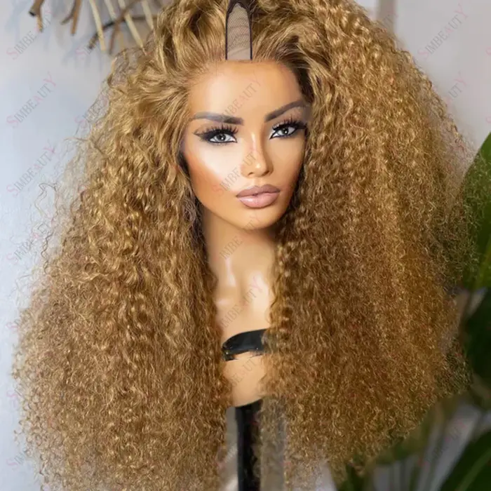 Perruques V-Part Blond Miel Mèches Dorées Cheveux Humains 100% Non Traités Bouclés Crépus Ombré Brun